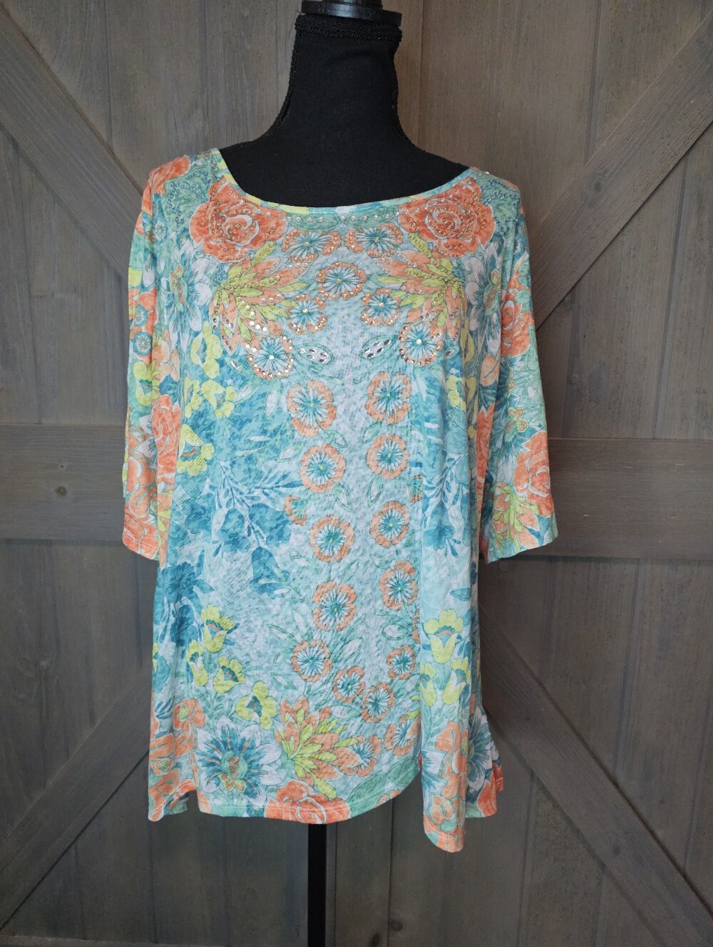 Ruby Rd. XL Embellished Floral Blue Orange Blouse